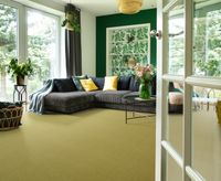 Ein Wohnzimmer mit einem neuen, gr&uuml;nen Teppichboden